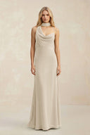 Cowl Neck Sheath Chiffon Maxi Bridesmaid Dress With Ribbon in Champagne - KissProm Bridesmaid Dresses