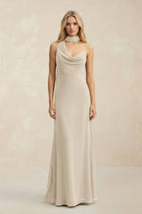 Cowl Neck Sheath Chiffon Maxi Bridesmaid Dress With Ribbon in Champagne - KissProm Bridesmaid Dresses