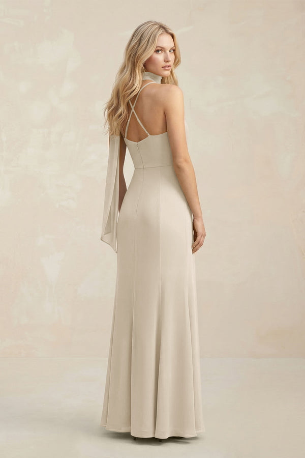 Cowl Neck Sheath Chiffon Maxi Bridesmaid Dress With Ribbon in Champagne - KissProm Bridesmaid Dresses