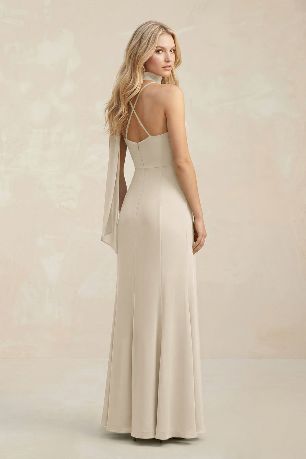 Cowl Neck Sheath Chiffon Maxi Bridesmaid Dress With Ribbon in Champagne - KissProm Bridesmaid Dresses