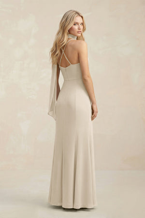 Cowl Neck Sheath Chiffon Maxi Bridesmaid Dress With Ribbon in Champagne - KissProm Bridesmaid Dresses
