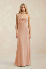Cowl Neck Sheath Chiffon Maxi Bridesmaid Dress With Ribbon in Champagne Rose - KissProm Bridesmaid Dresses