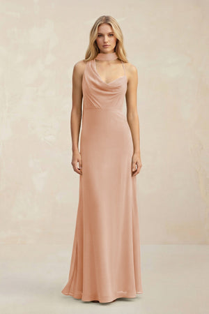 Cowl Neck Sheath Chiffon Maxi Bridesmaid Dress With Ribbon in Champagne Rose - KissProm Bridesmaid Dresses