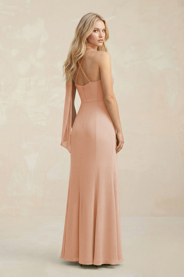 Cowl Neck Sheath Chiffon Maxi Bridesmaid Dress With Ribbon in Champagne Rose - KissProm Bridesmaid Dresses