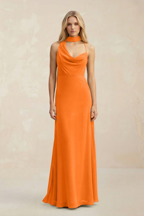 Cowl Neck Sheath Chiffon Maxi Bridesmaid Dress With Ribbon in Cinnamon - KissProm Bridesmaid Dresses