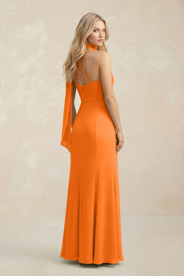 Cowl Neck Sheath Chiffon Maxi Bridesmaid Dress With Ribbon in Cinnamon - KissProm Bridesmaid Dresses