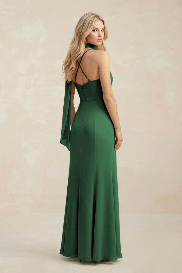 Cowl Neck Sheath Chiffon Maxi Bridesmaid Dress With Ribbon in Dark Green - KissProm Bridesmaid Dresses