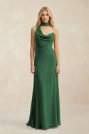 Cowl Neck Sheath Chiffon Maxi Bridesmaid Dress With Ribbon in Dark Green - KissProm Bridesmaid Dresses