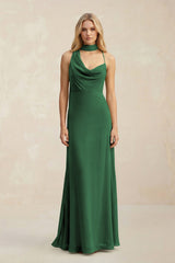Cowl Neck Sheath Chiffon Maxi Bridesmaid Dress With Ribbon in Dark Green - KissProm Bridesmaid Dresses