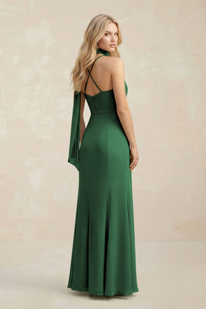 Cowl Neck Sheath Chiffon Maxi Bridesmaid Dress With Ribbon in Dark Green - KissProm Bridesmaid Dresses
