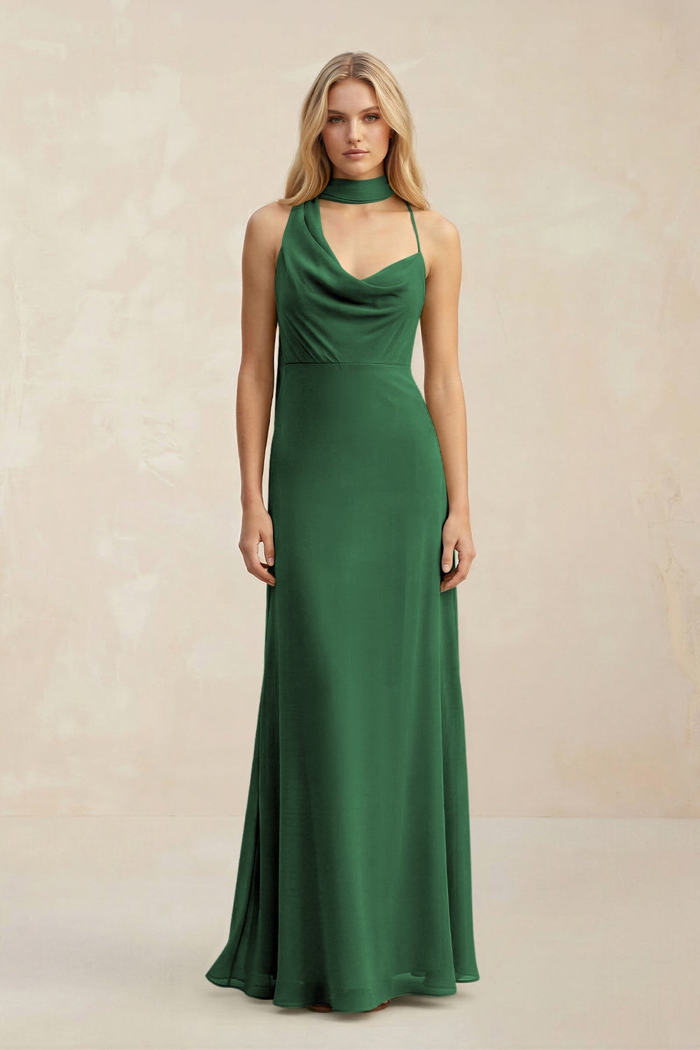 Cowl Neck Sheath Chiffon Maxi Bridesmaid Dress With Ribbon in Dark Green - KissProm Bridesmaid Dresses