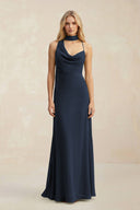 Cowl Neck Sheath Chiffon Maxi Bridesmaid Dress With Ribbon in Dark Navy - KissProm Bridesmaid Dresses