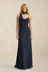 Cowl Neck Sheath Chiffon Maxi Bridesmaid Dress With Ribbon in Dark Navy - KissProm Bridesmaid Dresses
