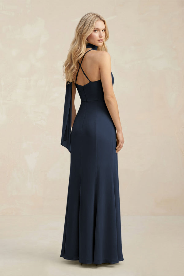 Cowl Neck Sheath Chiffon Maxi Bridesmaid Dress With Ribbon in Dark Navy - KissProm Bridesmaid Dresses