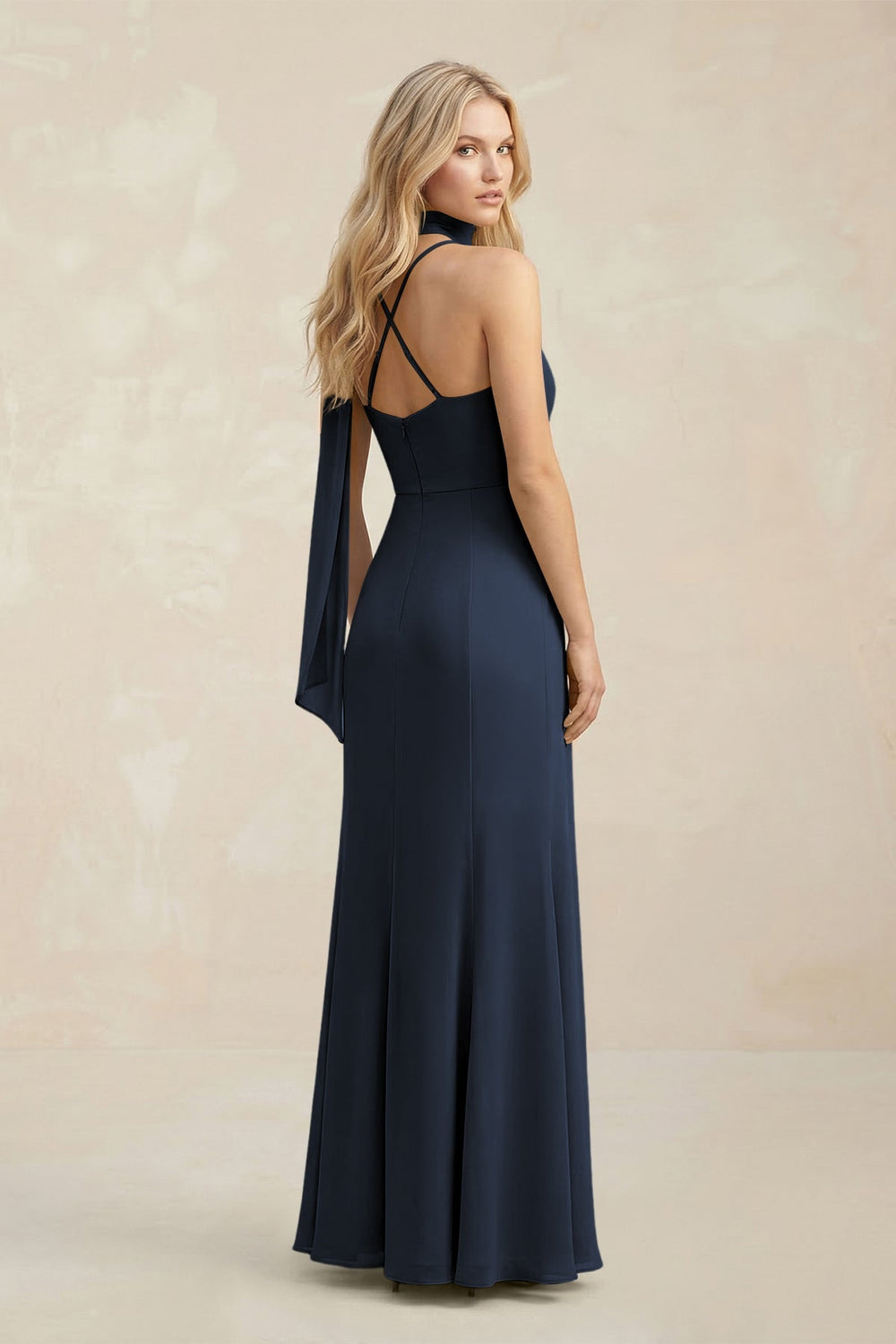 Cowl Neck Sheath Chiffon Maxi Bridesmaid Dress With Ribbon in Dark Navy - KissProm Bridesmaid Dresses