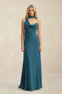 Cowl Neck Sheath Chiffon Maxi Bridesmaid Dress With Ribbon in Dark Teal - KissProm Bridesmaid Dresses