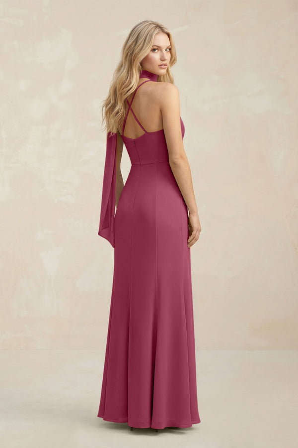 Cowl Neck Sheath Chiffon Maxi Bridesmaid Dress With Ribbon in Desert Rose - KissProm Bridesmaid Dresses