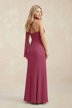 Cowl Neck Sheath Chiffon Maxi Bridesmaid Dress With Ribbon in Desert Rose - KissProm Bridesmaid Dresses