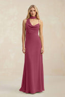 Cowl Neck Sheath Chiffon Maxi Bridesmaid Dress With Ribbon in Desert Rose - KissProm Bridesmaid Dresses