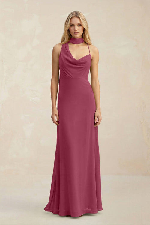 Cowl Neck Sheath Chiffon Maxi Bridesmaid Dress With Ribbon in Desert Rose - KissProm Bridesmaid Dresses
