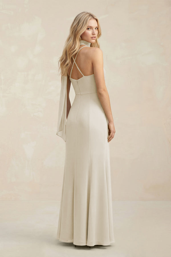 Cowl Neck Sheath Chiffon Maxi Bridesmaid Dress With Ribbon in Dove Gray - KissProm Bridesmaid Dresses