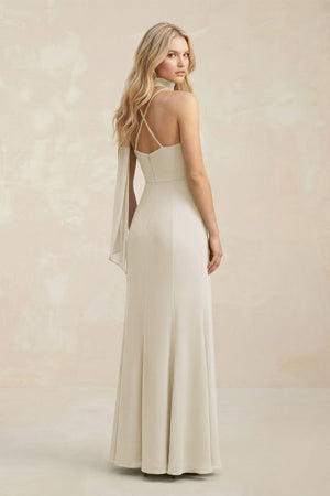 Cowl Neck Sheath Chiffon Maxi Bridesmaid Dress With Ribbon in Dove Gray - KissProm Bridesmaid Dresses