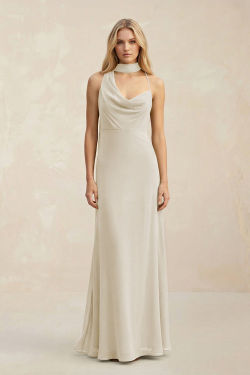 Cowl Neck Sheath Chiffon Maxi Bridesmaid Dress With Ribbon in Dove Gray - KissProm Bridesmaid Dresses