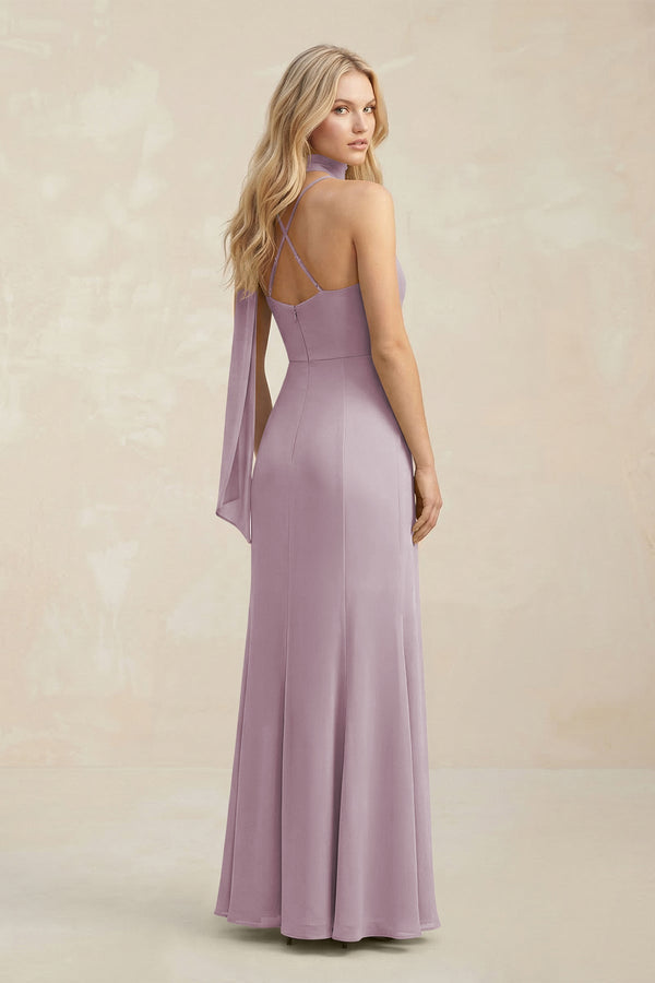 Cowl Neck Sheath Chiffon Maxi Bridesmaid Dress With Ribbon in Dusk - KissProm Bridesmaid Dresses