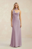 Cowl Neck Sheath Chiffon Maxi Bridesmaid Dress With Ribbon in Dusk - KissProm Bridesmaid Dresses
