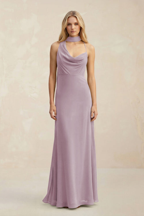 Cowl Neck Sheath Chiffon Maxi Bridesmaid Dress With Ribbon in Dusk - KissProm Bridesmaid Dresses