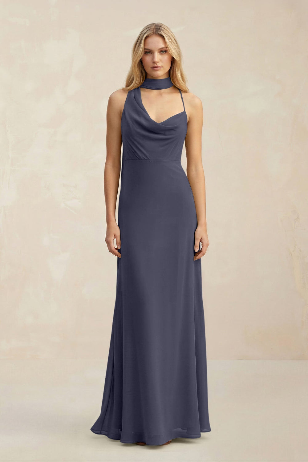 Cowl Neck Sheath Chiffon Maxi Bridesmaid Dress With Ribbon in Dusk Blue - KissProm Bridesmaid Dresses