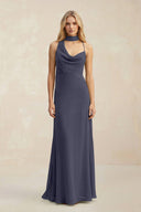 Cowl Neck Sheath Chiffon Maxi Bridesmaid Dress With Ribbon in Dusk Blue - KissProm Bridesmaid Dresses