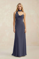 Cowl Neck Sheath Chiffon Maxi Bridesmaid Dress With Ribbon in Dusk Blue - KissProm Bridesmaid Dresses