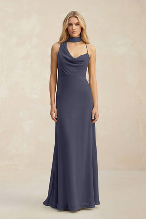 Cowl Neck Sheath Chiffon Maxi Bridesmaid Dress With Ribbon in Dusk Blue - KissProm Bridesmaid Dresses