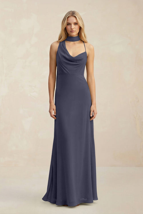 Cowl Neck Sheath Chiffon Maxi Bridesmaid Dress With Ribbon in Dusk Blue - KissProm Bridesmaid Dresses
