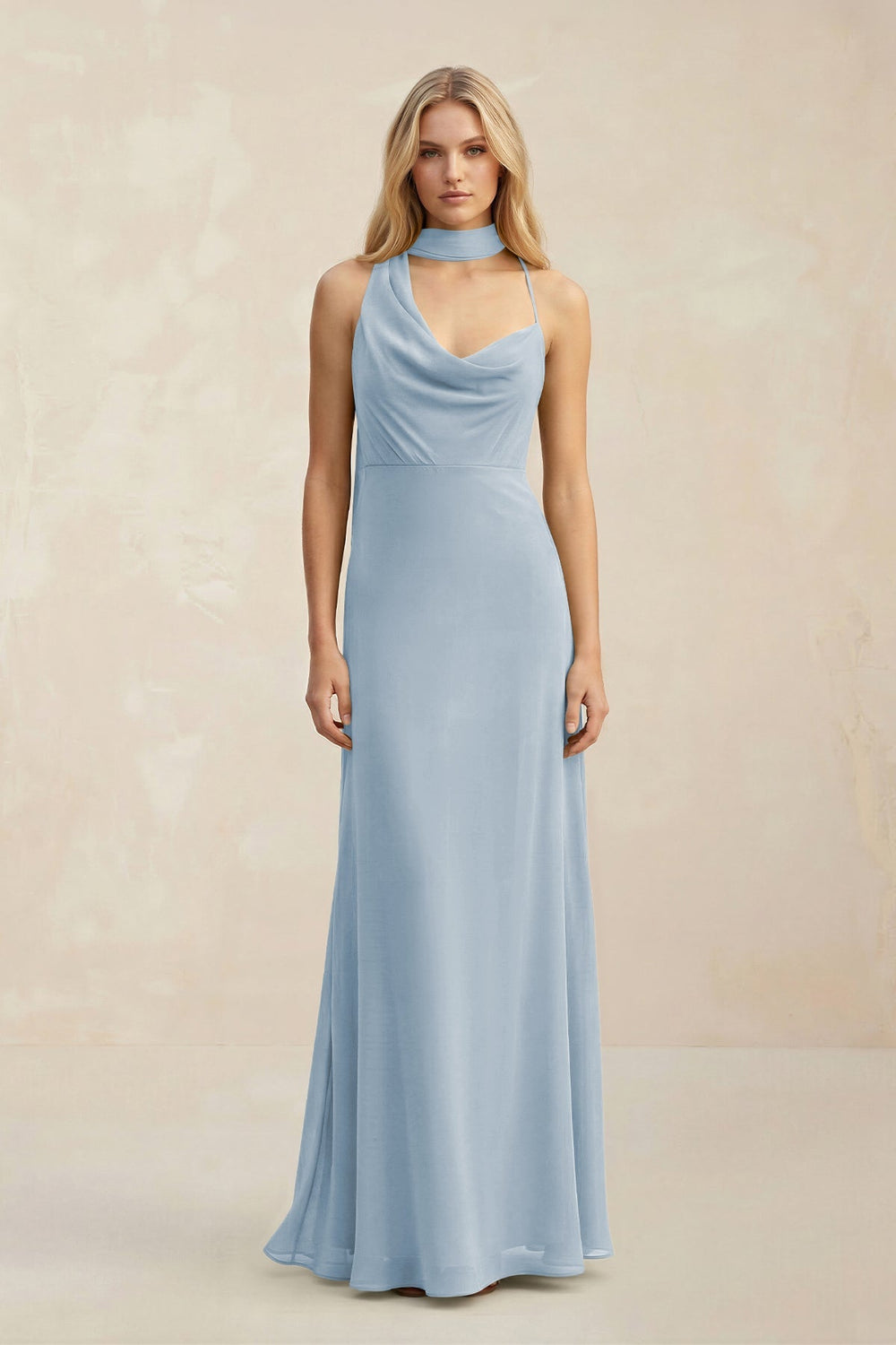 Cowl Neck Sheath Chiffon Maxi Bridesmaid Dress With Ribbon in Dusty Blue - KissProm Bridesmaid Dresses