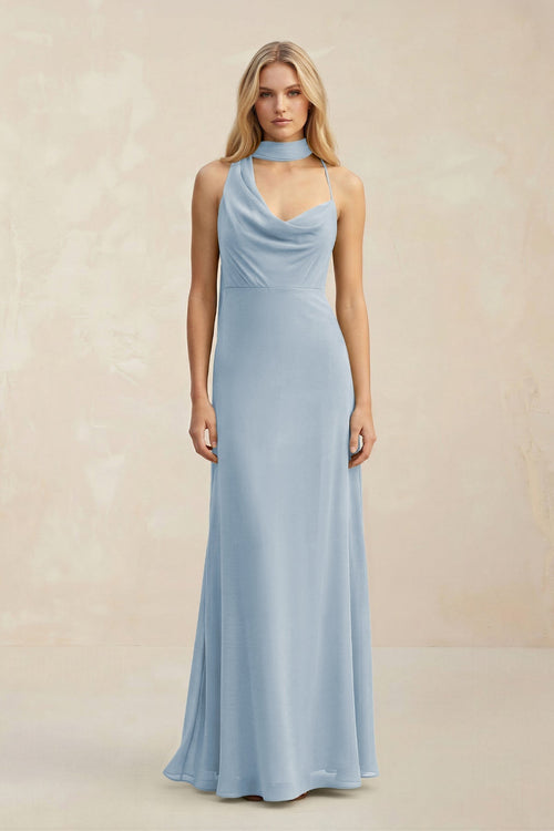 Cowl Neck Sheath Chiffon Maxi Bridesmaid Dress With Ribbon in Dusty Blue - KissProm Bridesmaid Dresses