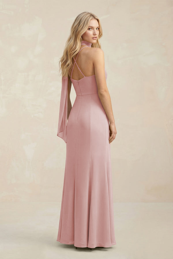 Cowl Neck Sheath Chiffon Maxi Bridesmaid Dress With Ribbon in Dusty Rose - KissProm Bridesmaid Dresses