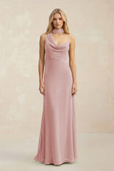 Cowl Neck Sheath Chiffon Maxi Bridesmaid Dress With Ribbon in Dusty Rose - KissProm Bridesmaid Dresses