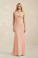 Cowl Neck Sheath Chiffon Maxi Bridesmaid Dress With Ribbon in English Rose - KissProm Bridesmaid Dresses