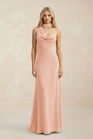 Cowl Neck Sheath Chiffon Maxi Bridesmaid Dress With Ribbon in English Rose - KissProm Bridesmaid Dresses