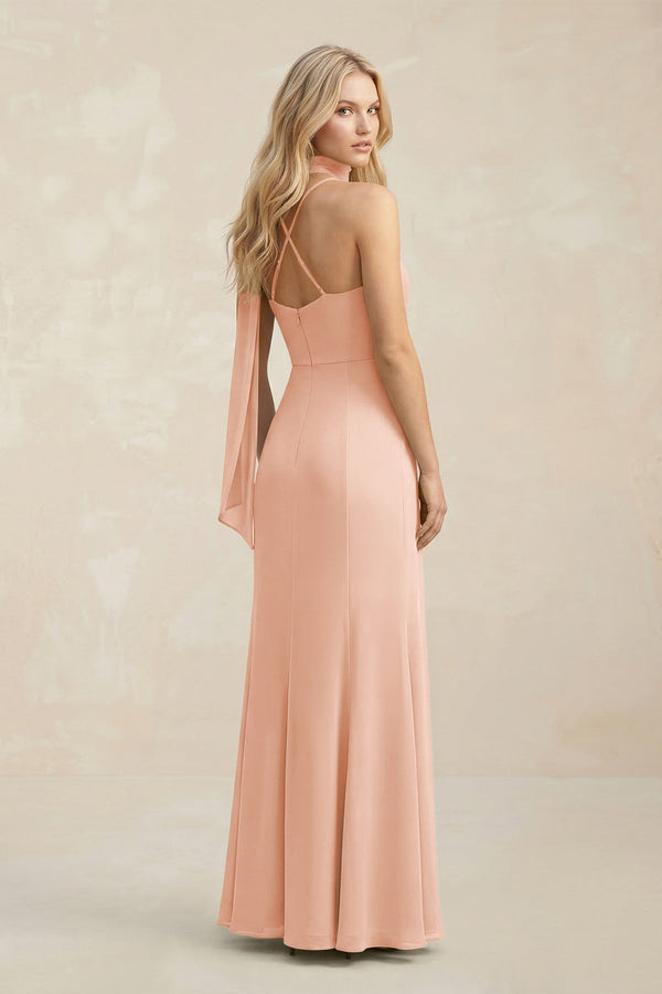 Cowl Neck Sheath Chiffon Maxi Bridesmaid Dress With Ribbon in English Rose - KissProm Bridesmaid Dresses