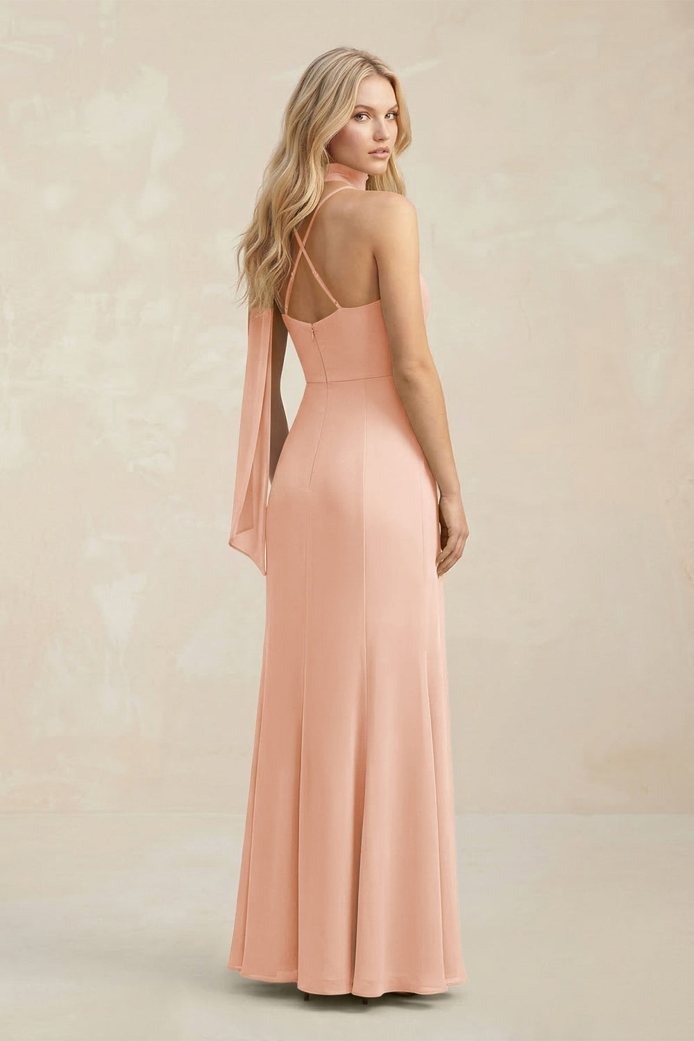 Cowl Neck Sheath Chiffon Maxi Bridesmaid Dress With Ribbon in English Rose - KissProm Bridesmaid Dresses