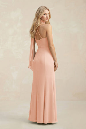 Cowl Neck Sheath Chiffon Maxi Bridesmaid Dress With Ribbon in English Rose - KissProm Bridesmaid Dresses
