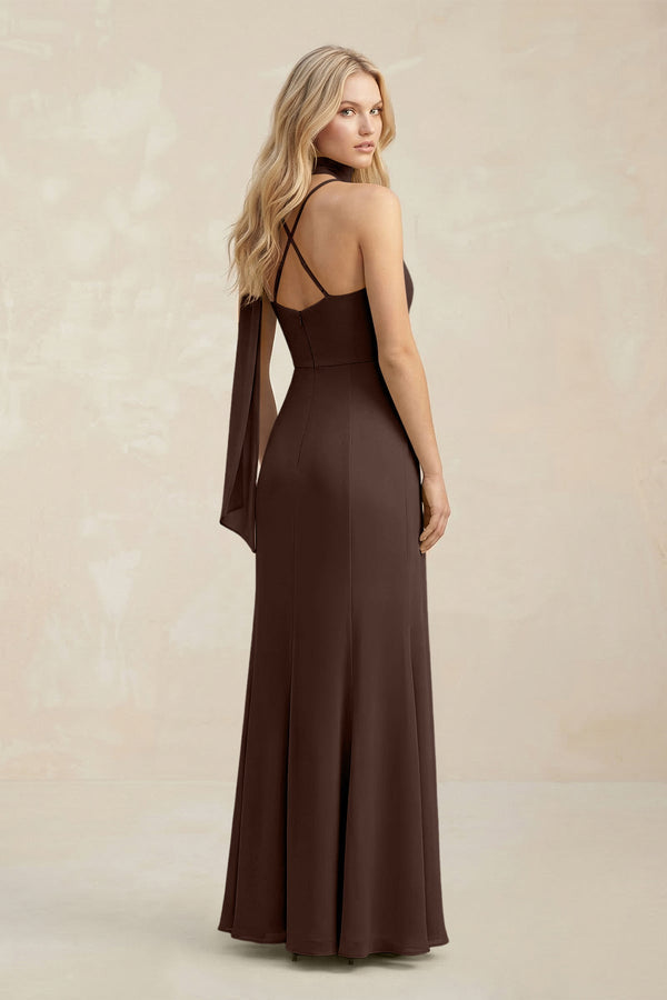 Cowl Neck Sheath Chiffon Maxi Bridesmaid Dress With Ribbon in Espresso - KissProm Bridesmaid Dresses