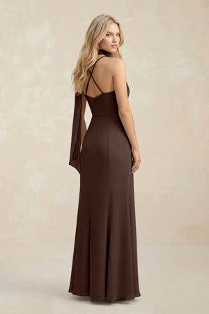 Cowl Neck Sheath Chiffon Maxi Bridesmaid Dress With Ribbon in Espresso - KissProm Bridesmaid Dresses