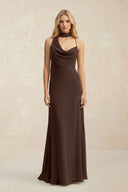 Cowl Neck Sheath Chiffon Maxi Bridesmaid Dress With Ribbon in Espresso - KissProm Bridesmaid Dresses