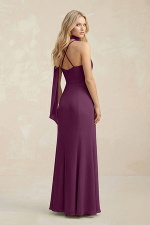 Cowl Neck Sheath Chiffon Maxi Bridesmaid Dress With Ribbon in Fig - KissProm Bridesmaid Dresses