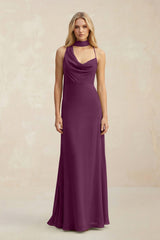 Cowl Neck Sheath Chiffon Maxi Bridesmaid Dress With Ribbon in Fig - KissProm Bridesmaid Dresses