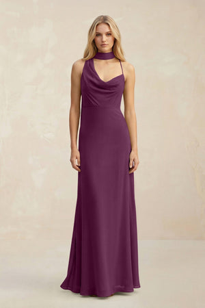 Cowl Neck Sheath Chiffon Maxi Bridesmaid Dress With Ribbon in Fig - KissProm Bridesmaid Dresses